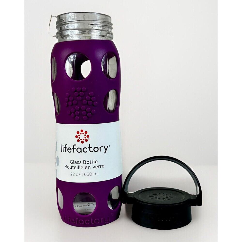 LIFEFACTORY 22 oz Glass Water Bottle With Silicone Sleeve Screw Top- Purple - Picture 3 of 5